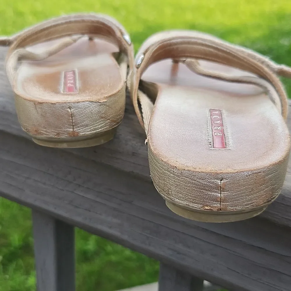 Vintage Prada Gold Thong Sandals Size 39.5 | Logo Sole - Picture 4 of 9